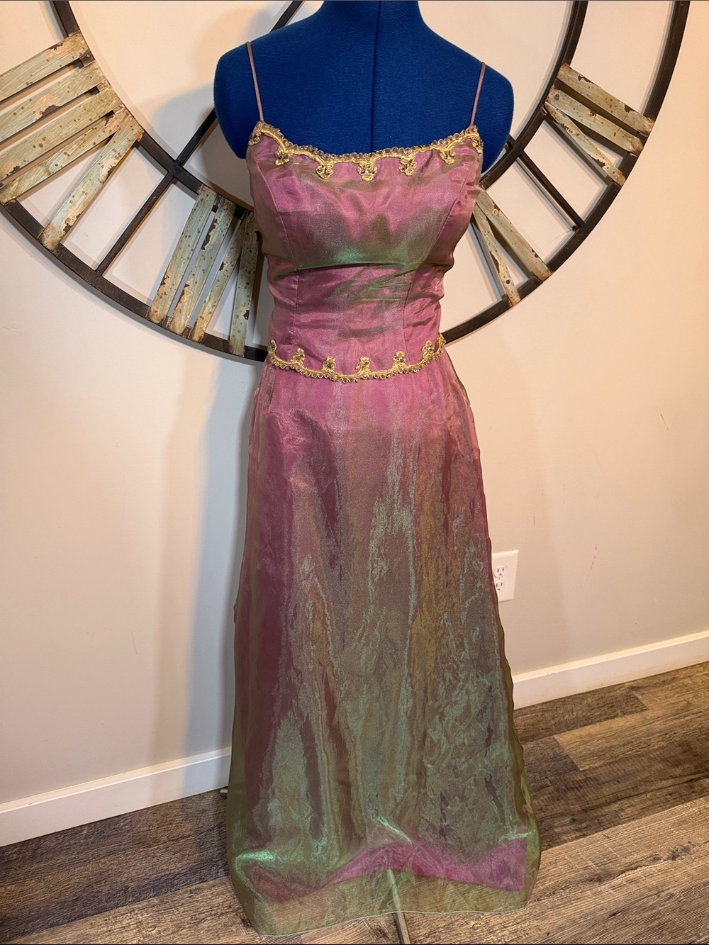 Dave & Johnny Pink-Green Iridescent Spaghetti Back Cross Strap Evening Dress